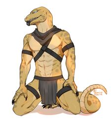  2019 abs anthro blue_eyes bottomwear clothed clothing dated famir_(artist) front_view full-length_portrait grey_bottomwear grey_clothing grey_loincloth grey_neckwear grey_tongue hand_on_leg hi_res ismar kneeling lizard loincloth looking_at_viewer male muscular muscular_anthro muscular_male neckwear pecs portrait reptile scalie sharp_teeth signature simple_background solo tail tan_body tan_tail teeth tongue tongue_out topless white_background 