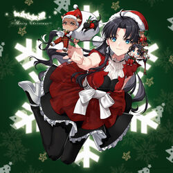  1boy 2girls ahoge archer_(fate) black_hair black_pantyhose blue_eyes blush breasts chibi christmas dark_skin english_text fate/stay_night fate_(series) fur-trimmed_headwear fur_trim green_background grey_hair hat high_heels long_hair long_legs looking_at_viewer medium_breasts merry_christmas multiple_girls outstretched_arm pantyhose red_legwear ribbon santa_costume santa_hat smile snowflake_background snowflakes thighs tohsaka_rin white_footwear white_hair white_ribbon yaoshi_jun 