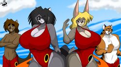  absurd_res anthro big_breasts breasts chrisandcompany cleavage clothed clothing curvy_figure felid female group hair hi_res huge_breasts hyper hyper_breasts lagomorph leporid male mammal mustelid one-piece_swimsuit otter pantherine procyonid rabbit raccoon swimming_trunks swimwear tiger voluptuous whistle_(object) 