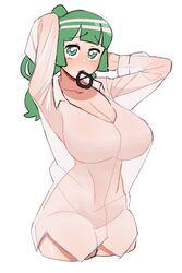  arms_up blunt_bangs breasts commentary_request cropped_legs drawlomong24 female green_eyes green_hair hair_tie_in_mouth highres korean_commentary large_breasts long_sleeves looking_at_viewer mouth_hold naked_shirt no_bra no_panties no_pants original ponytail see-through see-through_shirt shirt simple_background solo tying_hair white_background white_shirt 