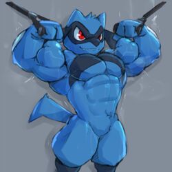  1:1 abs absurd_res anthro biceps big_biceps big_muscles blue_body blue_fur blue_tail bodily_fluids digital_media_(artwork) exercise facial_markings fangs featureless_crotch flexing fur generation_4_pokemon grey_background growth head_markings hi_res huge_muscles male markings mask_(marking) muscle_growth muscular muscular_male musk nintendo pokemon pokemon_(species) portrait red_eyes riolu shaded simple_background solo standing steam sweat tail teeth three-quarter_portrait vein veiny_muscles waddledox workout 