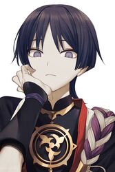  1boy armor black_hair chinikuniku commentary emblem eyebrows_hidden_by_hair eyeliner genshin_impact hair_intakes hand_on_own_cheek hand_on_own_chin hand_on_own_face highres japanese_armor kote kurokote looking_down makeup male_focus open_clothes open_shirt purple_eyes rope scaramouche_(genshin_impact) shimenawa solo symbol-only_commentary white_background 