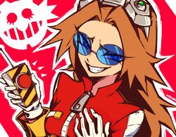  blue_eyes brown_hair controller dr._eggman eggmaam female genderswap_(mtf) glasses gloves grin holding holding_controller jacket long_hair long_sleeves parted_bangs red_jacket rule_63 smile solo sonic_(series) white_gloves windiwindo zipper_pull_tab 