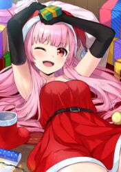  ;d armpits arms_up bare_shoulders belt black_gloves blunt_bangs blush bon_(bonbon315) box breasts christmas collarbone commentary_request dress elbow_gloves female gift gift_box gloves hat highres holding holding_gift indoors long_hair looking_at_viewer lying on_back one_eye_closed open_mouth original pink_hair red_dress red_gloves red_hat santa_costume santa_hat short_dress short_sleeves smile solo 