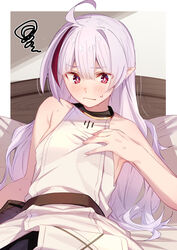  ahoge bare_shoulders blush border breasts bright_pupils closed_mouth commentary_request crim destiny_unchain_online:_kyuuketsuki_shoujo_to_natte_yagate_aka_no_maou_to_yobareru_you_ni_narimashita detached_sleeves female hand_on_own_chest highres light_purple_hair long_hair looking_down multicolored_hair pink_eyes pointy_ears reclining red_hair small_breasts solo streaked_hair sweat sweatdrop upper_body white_border white_pupils yachimoto 