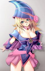  bare_shoulders blonde_hair blue_hat blush_stickers breasts cleavage dark_magician_girl duel_monster female green_eyes hat highres kamimon_(schwarzkap) large_breasts long_hair looking_at_viewer pelvic_curtain pentacle showgirl_skirt solo wizard_hat yu-gi-oh! 