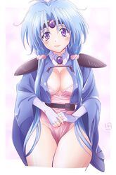  ahoge armor blue_hair blush breasts circlet cleavage closed_mouth female fingerless_gloves gloves haou_taikei_ryuu_knight highres large_breasts long_hair looking_at_viewer low_twintails nori_(norimakigumo) paffy_pafuricia purple_eyes shoulder_armor smile solo twintails very_long_hair 