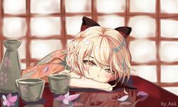  absurdres alternate_costume arms_on_table artist_name asil black_gloves blonde_hair blush bow braid chinese_commentary chinese_text choker closed_mouth commentary_request cup eyes_visible_through_hair female floral_print flower from_side girls&#039;_frontline gloves hair_between_eyes hair_ribbon hairbow half_gloves head_on_table highres indoors japanese_clothes long_hair looking_at_viewer official_alternate_costume ots-14_(flurry_of_petals)_(girls&#039;_frontline) ots-14_(girls&#039;_frontline) petals reflection ribbon smile solo table tearing_up very_long_hair wide_sleeves yellow_eyes 