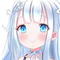  absurdres amatsuka_uto amatsuka_uto_(1st_costume) angel_wings bad_id bad_pixiv_id blue_eyes blue_hair blush female grin hair_ornament hairclip halterneck highres indie_virtual_youtuber long_hair looking_at_viewer portrait ribbon shiina_rei simple_background smile solo teeth virtual_youtuber white_hair wings 