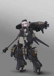  absurdres bodysuit breasts eyewear_on_head female gradient_background green_eyes grey_hair head_tilt highres holding holding_weapon hololive large_breasts leaning_back looking_to_the_side mace mecha_musume medium_hair oota_youjo science_fiction shirogane_noel solo standing thighhighs virtual_youtuber wavy_hair weapon 