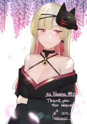  absurdres arm_under_breasts artist_name bare_shoulders black_choker black_kimono blonde_hair blunt_bangs breasts character_name choker closed_mouth collarbone commentary_request commission dated earrings english_text female fox_mask gradient_hair highres japanese_clothes jewelry kimono large_breasts light_smile long_hair long_sleeves makurano_neena mask mask_on_head multicolored_hair off_shoulder petals pink_eyes pink_hair production_kawaii signature simple_background single_earring skeb_commission solo tassel tassel_earrings tebamaru thank_you virtual_youtuber white_background wide_sleeves 