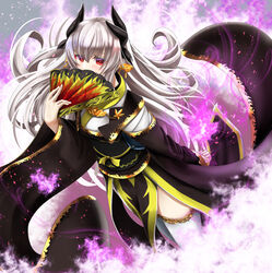  black_kimono dragon_girl dragon_horns fate/grand_order fate_(series) female folding_fan grey_hair hand_fan holding holding_fan horns japanese_clothes kimono kiyohime_(fate) kiyohime_(third_ascension)_(fate) long_hair multiple_horns obi red_eyes sash solo standing thighhighs totororo white_thighhighs wide_sleeves 