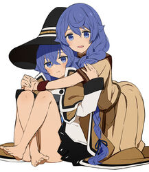  2girls barefoot black_headwear blue_eyes blue_hair braid braided_ponytail gabu_(az210309) hair_between_eyes hat hug hug_from_behind long_hair mature_female mother_and_daughter multiple_girls mushoku_tensei rokari_migurdia roxy_migurdia simple_background sitting toenails toes white_background witch_hat 