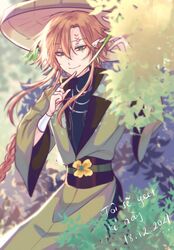  1boy 3di_project amel3di braid closed_mouth dated green_eyes hair_between_eyes highres long_hair long_sleeves male_focus orange_hair pointy_ears solo thanh_loc traditional_clothes vietnamese_text virtual_youtuber wide_sleeves 