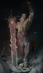  1boy abs absurdres arm_up armored_boots artist_name beard bone boots commentary commission death_knight_(warcraft) dough_(doughnath) english_commentary facial_hair full_body gauntlets glowing glowing_eye grin highres huge_weapon long_hair male_focus muscular muscular_male original pectorals red_eyes signature skull smile solo topless_male warcraft weapon white_hair world_of_warcraft 