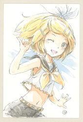  bare_shoulders belt black_sailor_collar black_shorts blonde_hair bow commentary cowboy_shot crop_top epoxy_putty female hair_ornament hairbow hairclip hand_up kagamine_rin looking_at_viewer midriff navel neckerchief one_eye_closed open_mouth painting_(medium) sailor_collar shaka_sign shirt short_hair shorts sleeveless sleeveless_shirt smile solo swept_bangs traditional_media treble_clef vocaloid watercolor_(medium) white_bow white_shirt yellow_neckerchief 