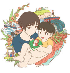  barefoot bob_cut breasts brown_eyes brown_hair closed_mouth from_side fujimoto_(ponyo) gake_no_ue_no_ponyo granmamare jas_(littlecrime) lisa_(ponyo) mother_and_son multiple_boys multiple_girls open_mouth photoshop_(medium) ponyo shirt short_hair smile sousuke_(ponyo) 