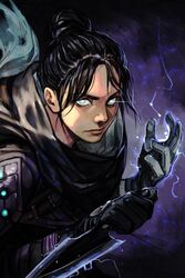  apex_legends black_hair closed_mouth female gloves glowing glowing_eyes hair_bun hand_up holding holding_weapon hope&#039;s_dusk_(apex_legends) hungry_clicker kunai looking_at_viewer parted_bangs purple_background reverse_grip robe single_hair_bun solo trail upper_body weapon white_gloves wraith_(apex_legends) 