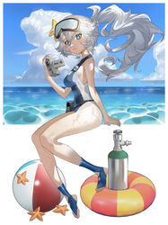  absurdres alchemy_stars ball beachball blue_eyes breasts cloud day female florine_(alchemy_stars) florine_(emergency_diver)_(alchemy_stars) from_side full_body goggles goggles_on_head grey_hair highres horizon innertube invisible_chair long_hair looking_at_viewer looking_to_the_side mosquito_(illumos233) ocean open_mouth outdoors oxygen_tank ponytail pouch school_swimsuit sitting small_breasts solo starfish stirrup_legwear swim_ring swimsuit symbol-shaped_pupils toeless_legwear toes video_camera wet 