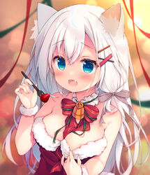  :d animal_ear_fluff animal_ears bare_shoulders bell blue_eyes blurry blurry_background blush bow breasts cat_ears christmas cleavage commentary depth_of_field dress female food fork fruit fur-trimmed_dress fur_trim hair_between_eyes hair_ornament hairclip hands_up highres holding holding_fork izumiyuhina long_hair medium_breasts oerba_yun_fang open_mouth original red_bow red_dress smile solo strapless strapless_dress strawberry striped striped_bow upper_body very_long_hair white_hair x_hair_ornament 