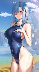  absurdres blue_one-piece_swimsuit blush breasts cloud competition_swimsuit female genshin_impact hand_on_own_chest highres large_breasts long_hair looking_at_viewer one-piece_swimsuit outdoors purple_eyes ryudraw shenhe_(genshin_impact) sky solo swimsuit thick_thighs thighs wet 