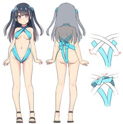  arrow_(symbol) ass back bare_arms bare_legs bare_shoulders black_footwear black_hair blue_bow blue_scrunchie blue_slingshot_swimsuit blush bow breasts chinese_commentary closed_mouth commentary_request female full_body hair_ornament hair_scrunchie hatsunatsu long_hair looking_at_viewer medium_breasts multiple_views naked_ribbon original purple_eyes ribbon sandals scrunchie simple_background slingshot_swimsuit smile standing swimsuit turnaround two_side_up white_background x-ray 