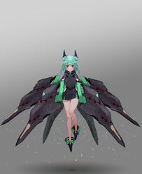  absurdres alternate_costume black_dress double_bun dress female flat_chest floating gradient_background green_hair hair_bun highres hololive looking_at_viewer mecha_musume oota_youjo open_mouth red_eyes science_fiction short_dress short_hair solo straight-on uruha_rushia virtual_youtuber 