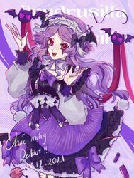  3di_project amel3di bat_wings commentary dated drudrusilla_purple english_commentary female gothic_lolita hairband highres lolita_fashion long_sleeves puffy_long_sleeves puffy_sleeves purple_hair red_eyes ribbon solo swept_bangs vampire vietnamese_text virtual_youtuber wavy_hair wings 