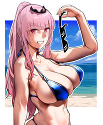  bakkanki beach bikini blue_bikini blush breasts cleavage collarbone crown deal_with_it_(meme) female grin highres hololive hololive_english large_breasts long_hair looking_at_viewer meme mori_calliope navel ocean outline pink_eyes pink_hair ponytail smile solo sunglasses swimsuit tiara unworn_eyewear virtual_youtuber wet white_outline 