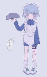  @_@ absurdres apron bandages bandaid bandaid_on_leg blood blue_background blue_eyes blue_hair blue_theme female highres holding indie_utaite jacket jersey_maid maid maid_apron md5_mismatch open_mouth shoes short_hair socks solo speech_bubble standing track_jacket unconventional_maid utaite white_socks wotoha wotoha_(character) 