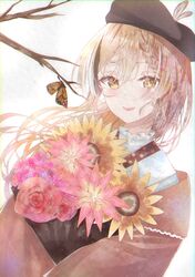  :d absurdres bad_id bad_twitter_id beret bonnu_uwu bouquet braid braided_bangs branch brown_butterfly brown_eyes brown_hair bug butterfly commentary feathers female floral_print flower hat highres hololive hololive_english japanese_clothes kimono long_hair looking_at_viewer multicolored_hair nanashi_mumei nanashi_mumei_(new_year) official_alternate_costume print_kimono red_shawl rose shawl smile solo streaked_hair sunflower very_long_hair virtual_youtuber white_kimono 