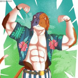  1:1 abs absurd_res aloha_shirt anthro blinking bracelet calico_cat clothing domestic_cat epic_games felid feline felis flexing flexing_bicep fortnite galletoart hair happy hi_res humanoid jewelry male mammal meowscles muscular muscular_anthro muscular_male pattern_clothing pattern_shirt pattern_topwear pecs purradise_meowscles shirt solo topwear 