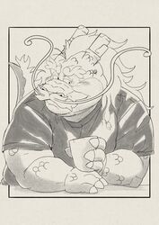  2022 4_fingers absurd_res anthro asian_mythology biped blush clothing delivery_bear_service dragon east_asian_mythology eastern_dragon fingers hi_res kamui_shirow kemono male mature_male mythological_creature mythological_scalie mythology overweight overweight_male rayu_(kamui_shirow) scalie shirt solo tail topwear 