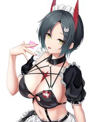  absurdres apron azur_lane bikini black_hair black_skirt breast_strap breasts cat_hair_ornament chinese_commentary cleavage collarbone commentary_request condom condom_wrapper cowboy_shot detached_collar earrings female frilled_apron frilled_skirt frills gradient_hair hair_between_eyes hair_ornament hand_up highres holding holding_condom horns jewelry looking_at_viewer maid maid_bikini maid_headdress medium_breasts midriff multicolored_hair name_tag navel o-ring o-ring_top official_alternate_costume piercing puffy_short_sleeves puffy_sleeves red_horns red_nails saliva saliva_trail shenqi_(toid310) short_hair short_sleeves sidelocks simple_background skirt smile solo standing sweat swimsuit tongue tongue_out tongue_piercing ulrich_von_hutten_(azur_lane) ulrich_von_hutten_(mayhem_maid)_(azur_lane) unconventional_maid white_apron white_background yellow_eyes 