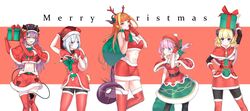  5girls :&gt; :t absurdres alternate_costume amane_kanata antlers arm_warmers arms_up bandeau belt beret bibi_(tokoyami_towa) black_pantyhose blonde_hair bow box_on_head capelet christmas cowboy_shot crop_top demon_tail dragon_horns dragon_tail dress elbow_gloves fur-trimmed_arm_warmers fur-trimmed_capelet fur-trimmed_gloves fur-trimmed_jacket fur-trimmed_legwear fur_trim gift gloves green_bow green_eyes grin hand_in_own_hair hand_on_headwear hand_on_own_hip hand_to_own_mouth hat highres himemori_luna holding holding_gift holding_sack holoforce hololive horns jacket kiryu_coco long_hair looking_at_another looking_at_viewer looking_to_the_side medium_hair merry_christmas midriff motion_blur multicolored_hair multiple_girls navel pantyhose parted_lips pink_eyes pink_hair purple_eyes purple_hair red_bandeau red_dress red_eyes red_gloves red_skirt reindeer_antlers sack santa_costume santa_dress santa_gloves santa_hat sheep_horns short_hair_with_long_locks simple_background skirt smile streaked_hair tail tail_slapping therrao thighhighs thighhighs_over_pantyhose thighs tokoyami_towa tsunomaki_watame tsurime very_long_hair virtual_youtuber white_hair zettai_ryouiki 