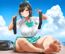  bag barefoot black_hair black_legwear blue_sky blush breasts brown_eyes cloud day double_v feet female grin hair_ornament hairclip highres ikinari_mojio large_breasts long_hair looking_at_viewer original outdoors panties pantyshot ponytail school_bag school_uniform sitting sky smile solo sweat toes underwear unworn_socks v white_panties 