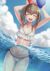  armpits arms_up ass_visible_through_thighs ball beachball bikini blue_sky breasts brown_hair closed_eyes cloud cloudy_sky cowboy_shot day facing_viewer female frilled_bikini frills hair_between_eyes highres holding holding_ball kantai_collection open_mouth outdoors partially_submerged partially_underwater_shot short_hair side-tie_bikini_bottom sky small_breasts smile solo standing swimsuit taihou_(kancolle) tsukira_(amayadori) water wet white_bikini 