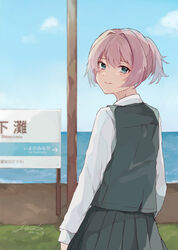  adapted_costume alternate_sleeve_length blue_eyes blue_sky cloud commentary dated day dress_shirt female from_behind grey_skirt grey_vest highres hiroe_(cosmos_blue-02_421) kantai_collection long_sleeves looking_at_viewer looking_back outdoors pink_hair pleated_skirt school_uniform shiranui_(kancolle) shirt sign signature skirt sky solo vest white_shirt 