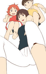  barefoot bob_cut breasts brown_eyes brown_hair closed_mouth gake_no_ue_no_ponyo jas_(littlecrime) lisa_(ponyo) mother_and_son multiple_girls open_mouth photoshop_(medium) ponyo shirt short_hair simple_background smile sousuke_(ponyo) white_background 