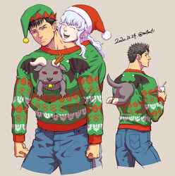  2boys alternate_costume androgynous antlers ass berserk black_hair blush christmas christmas_sweater cropped_legs dated denim enaki_(mtmti) expressionless green_headwear green_sweater grey_hair griffith_(berserk) guts_(berserk) hat horns jeans long_hair male_focus multiple_boys multiple_views pants reindeer_antlers santa_costume santa_hat shared_clothes shared_sweater sweater toned toned_male ugly_sweater yaoi 