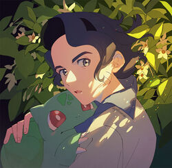  1boy augustine_sycamore black_hair blue_shirt bulbasaur collared_shirt commentary_request facial_hair flower grey_eyes holding holding_pokemon kusuribe lab_coat looking_at_viewer looking_to_the_side male_focus open_mouth pokemon pokemon_(creature) pokemon_xy shirt short_hair signature white_flower 