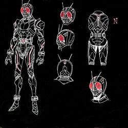  1boy antennae armor bad_id bad_pixiv_id belt black_background full_body garoshirou gloves glowing glowing_eyes highres kamen_rider kamen_rider_black kamen_rider_black_(series) kingstone male_focus red_eyes rider_belt solo 