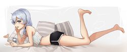  :d aliceblue apple apple_slice barefoot bed_sheet black_shorts blue_eyes can casual dolphin_shorts drink_can female food fork fruit full_body hand_on_own_cheek hand_on_own_face highres holding holding_fork honkai_(series) honkai_impact_3rd looking_at_viewer lying on_stomach open_mouth pajamas pillow plate shirt shorts sleeveless smile soda_can solo teeth the_pose theresa_apocalypse toes white_hair white_shirt 