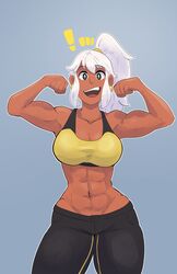  abs absurdres biceps black_eyes black_pants borrowed_character breasts bright_pupils cleavage clenched_hands cowboy_shot dark-skinned_female dark_skin earrings english_commentary female grey_background highres hisian_mix jewelry looking_at_viewer mia_(scott_malin) muscular muscular_female navel original outline pants ponytail sidelocks simple_background solo sports_bra white_hair white_outline white_pupils yellow_sports_bra 