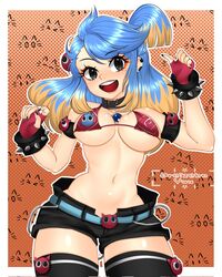  artist_name belt bikini bikini_top_only black_choker black_eyes black_shorts black_thighhighs blonde_hair blue_belt blue_hair border borrowed_character bracelet breasts breasts_apart cat_girl choker cowboy_shot dreizehnyuu ear_piercing earrings female fingerless_gloves gloves hair_ornament halftone highres jewelry medium_breasts multicolored_hair open_mouth original outline piercing print_bikini red_gloves shorts smile solo spiked_bracelet spikes stray_(scott_malin) swimsuit thighhighs thumbs_up two-tone_hair white_border white_outline 