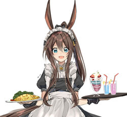  alternate_costume amiya_(arknights) animal_ears apron arknights artist_name black_dress blue_eyes brown_hair commentary_request cowboy_shot dress drinking_straw english_commentary enmaided female food glass hair_between_eyes highres holding holding_plate ku-ini long_hair looking_at_viewer maid maid_headdress mixed-language_commentary omelet omurice open_mouth parfait plate ponytail rabbit_ears rabbit_girl sidelocks simple_background solo very_long_hair waist_apron white_background 