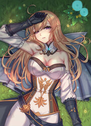  ahoge alternate_hair_length alternate_hairstyle arm_up armpits bare_shoulders black_gloves blonde_hair breasts chinese_commentary cleavage commentary_request cowboy_shot detached_collar detached_sleeves female genshin_impact gloves grass head_tilt highres jean_(genshin_impact) large_breasts long_hair looking_at_viewer lying nairobi_song narrow_waist on_back pants parted_lips purple_eyes shirt solo standing strapless strapless_shirt white_pants 