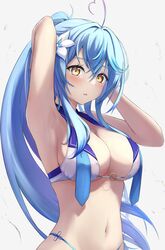  ahoge amano_kusatsu armpits arms_up bare_arms bare_shoulders bikini blue_hair breasts cleavage colored_tips female flower hair_flower hair_ornament heart heart_ahoge highres hololive large_breasts long_hair looking_at_viewer multicolored_hair navel necktie o-ring o-ring_bikini parted_lips ponytail solo stomach string_bikini swimsuit upper_body very_long_hair virtual_youtuber white_bikini yellow_eyes yukihana_lamy 