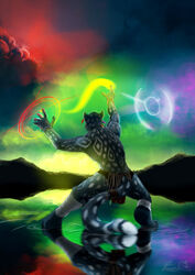  2020 black_body black_fur clothed clothing digital_media_(artwork) feathered_headdress felid fur hi_res iridescent iridescent_water jaguar magic magic_user male mammal markings multicolored_sky pantherine rear_view sky solo the_raf topless topless_male water white_markings 