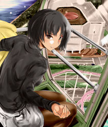  amagami black_hair black_pantyhose black_sweater brown_eyes building christmas christmas_tree commentary female ferris_wheel_interior from_above from_behind grey_skirt jacket leaning_forward light_smile looking_at_viewer looking_back looking_up loose_hair_strand murasaki_iro nanasaki_ai outstretched_arm pantyhose parted_lips river road roller_coaster short_hair sitting skirt smile snowman solo street sweater turtleneck turtleneck_sweater unworn_jacket yellow_jacket 